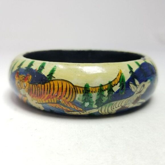 Vintage Painted Animal Design Bangle Bracelet, Unique Scene, Stacking Estate - Picture 1 of 6